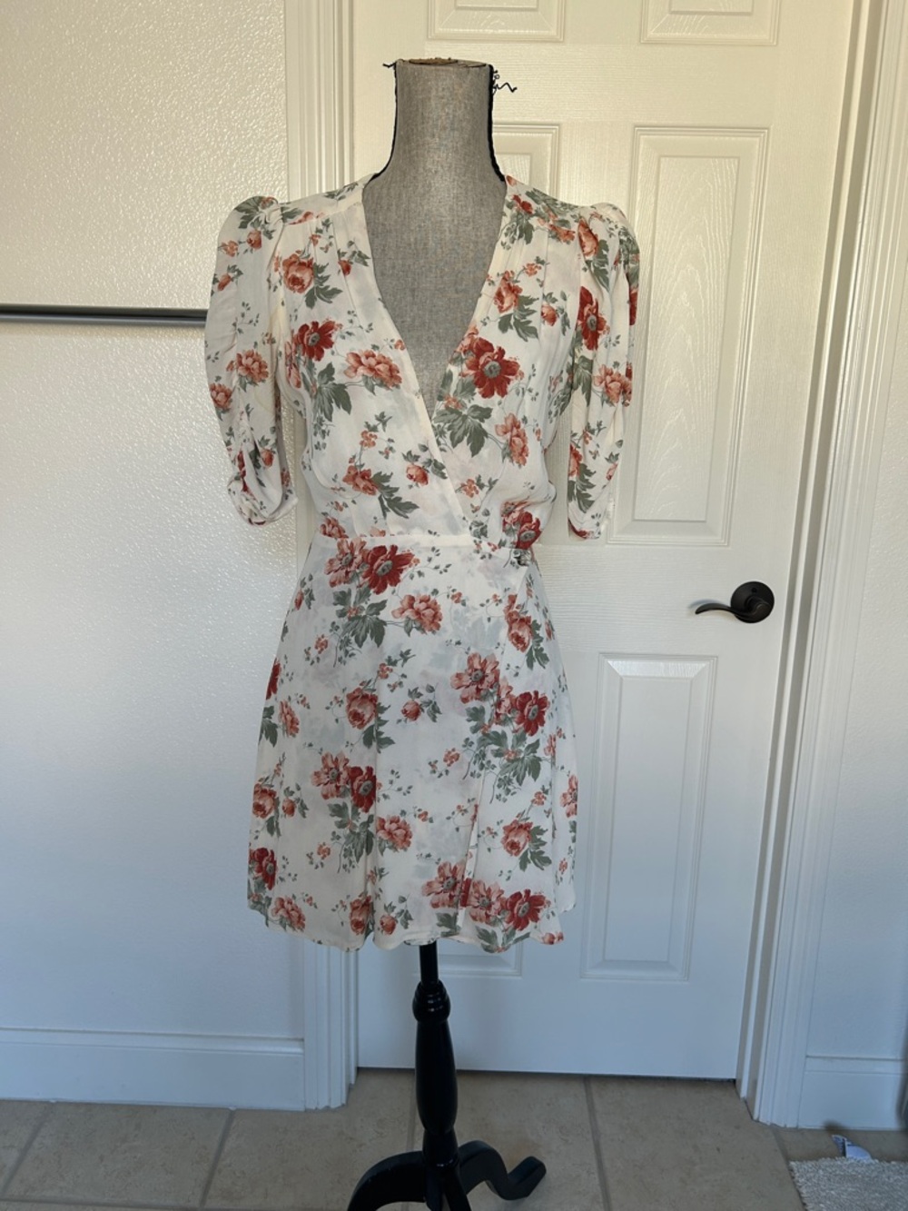 Reformation Cream Mini Dress with Rose Floral Print Used Good Condition